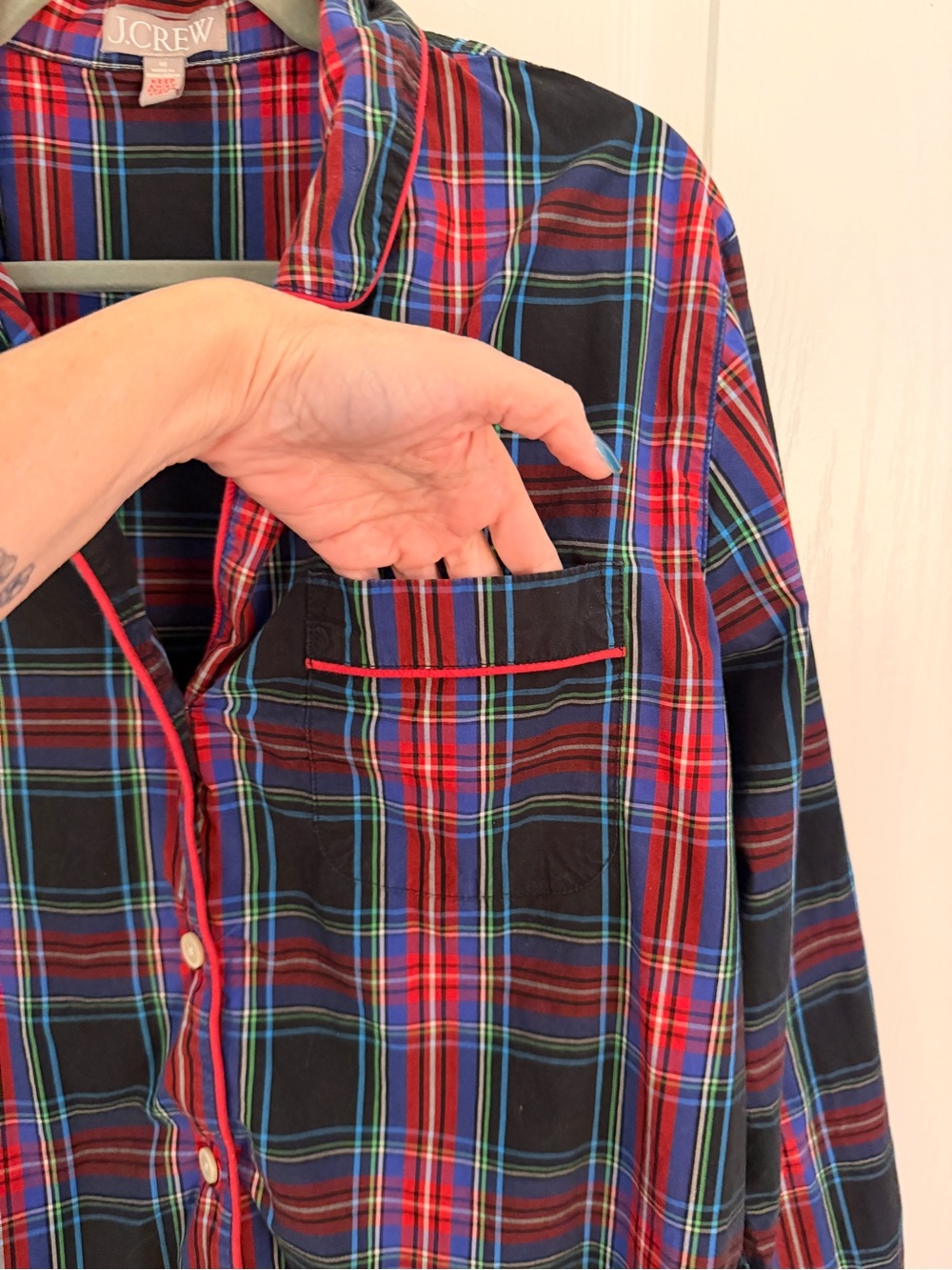 J. CREW M Red Black Plaid Pajama Top Piping Button-Up Cotton Poplin - Picture 4 of 12